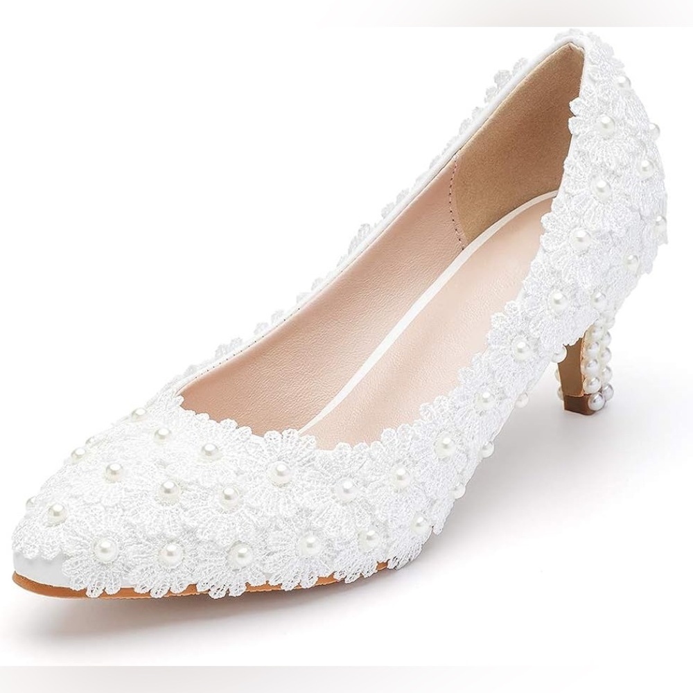 Crystal Queen Bridal White Lace Pearl Kitten Heels Wedding Pumps Size 40 8.5 US